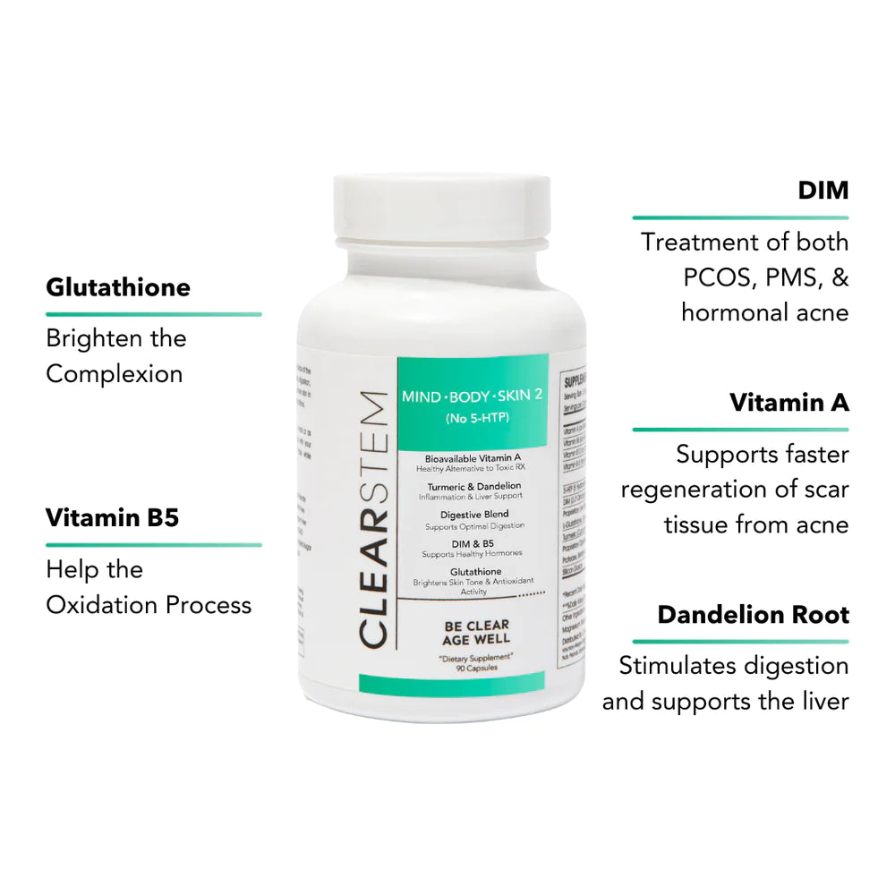 CLEARSTEM MINDBODYSKIN 2 (No 5-HTP) Hormonal Acne Supplement